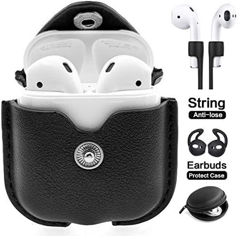 Designer Case Compatible with Airpods Case with 6.3 inch Wristlet Keychain, JANSAE Original Leather Cases Accessories Compatible for Airpod Charging Cover 1st / 2nd (Black)