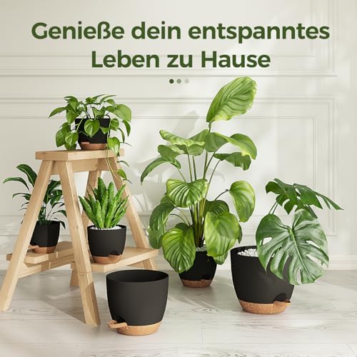 Blumentöpfe 6 Set Selbstbewässernd Schwarz 20.3cm/17.8cm/16.5cm/15.2cm/14cm/12.7cm Blumentopf Pflanzentopf mit Untersetzer,Anzuchttöpfe,Zimmerpflanzen,Fensterbank deko