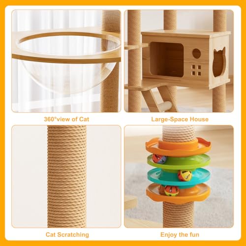 Gluckluz Cat Tree House Tower Sisal Rope Scratching Post Pet Climber Scratcher Condo with Interactive Toy for Adult Cat Kitten Indoor Play Sleeping Activity (Beige)