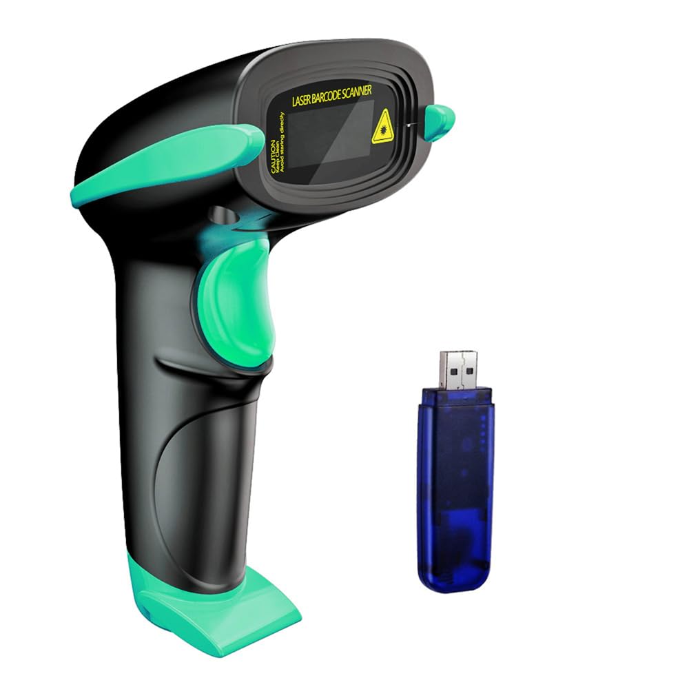 Photo 1 of NADAMOO Wireless Barcode Scanner 328 Feet Transmission Distance USB Cordless 1D Laser Automatic Barcode Reader Handhold Bar Code Scanner with USB Receiver for Store, Supermarket, Warehouse - Cyan
