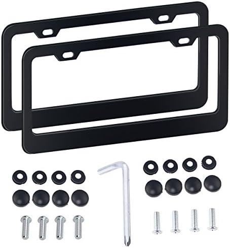 Black License Plate Frame with Chrome Screw Caps,aphqua 2 Pcs Holes Stainless Steel Car Licence Plate Covers for US Vehicles