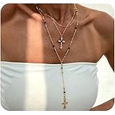 GIGB PBDK Layered Rhinestone Cross Lariat Necklace Set for Women Gold Trendy Adjustable Crucifix Pendant Choker Long Crystal Y Necklace Faith Jewelry Accessory