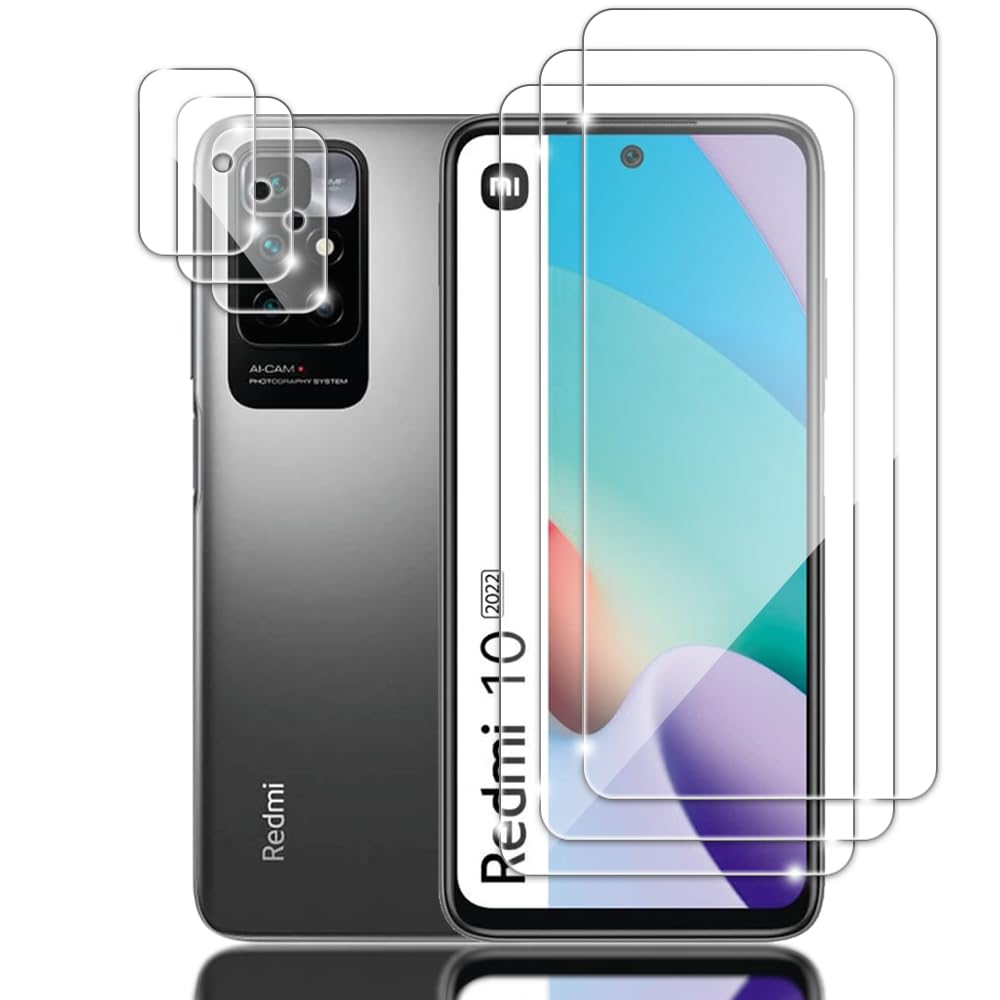 Tzstz 3+3 Pieces Tempered Glass Protector for Xiaomi Redmi 10 (2022) 4G Screen Protector, 9H Hardness, Anti-Scratch