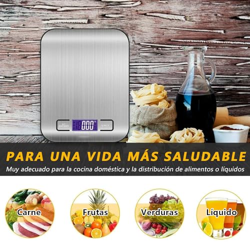 DQST Bascula Digital Cocina, Báscula para Alimentos, Utilizable con Carga USB y Batería (incluida), con Pantalla LCD, 10 kg / 22 lbs, Precisión de 1 g, Una Bascula Gramera Imprescindible en la Cocina.