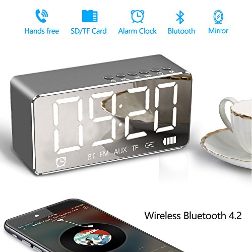 Alarm Clock with Bluetooth Speaker 4.2 and Large Mirror, XIAOKOA Portable Wireless Stereo Sound Speaker Built-in TF Card,FM Radio,Handsfree Calling, LED Nightstand Clock and LED Dimmable Display - Thumbnail 7