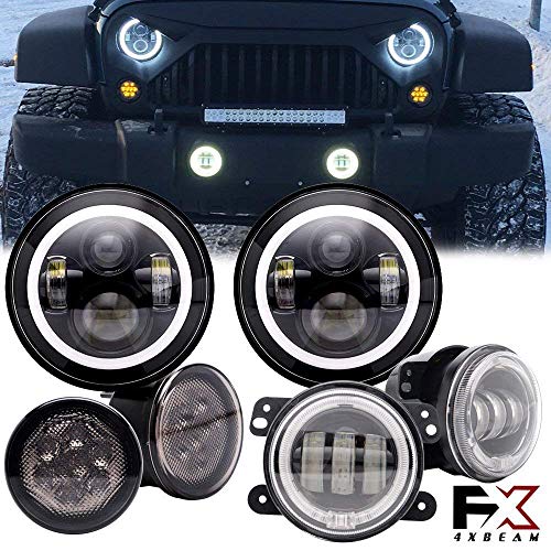 DOT 7Inch Led Round Headlights Amber Turn Signal Hi/Lo Beam DRL + 4Inch Front Bumper Fog Lights + Amber/Yellow LED Turn Signal Light For 2007-2017 Jeep Wrangler JK Rubicon JKU Sahara Sport Unlimited