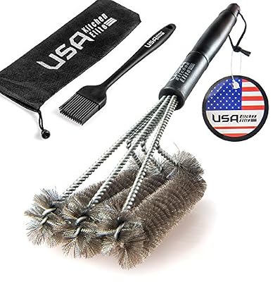BBQ Grill Brush By USA Kitchen Elite Barbecue Grill Cleaner - 18"- 3 Stainless Steel Brushes in 1 - Perfect for Char-Broil, Weber, Porcelain and Infrared Grills - Handy Bag + Basting Brush