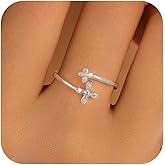XAYAH Flower with Cross Ring for Women 925 Sterling Silver Dainty Cute Lucky Leaf Open Band with Cubic Zirconia Rings to Daughter Mom Faith Hope Birthday Valentine's Day Jewelry Gifts for Her