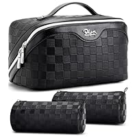 BOYATU Travel Makeup Bag Organizer Cosmetic Bag: 3 Pcs Set Make up Bags for Women with Handle - Waterproof Vegan Leather Toiletry Bags Travel Essentials Pouch with Compartments (01-Black)
