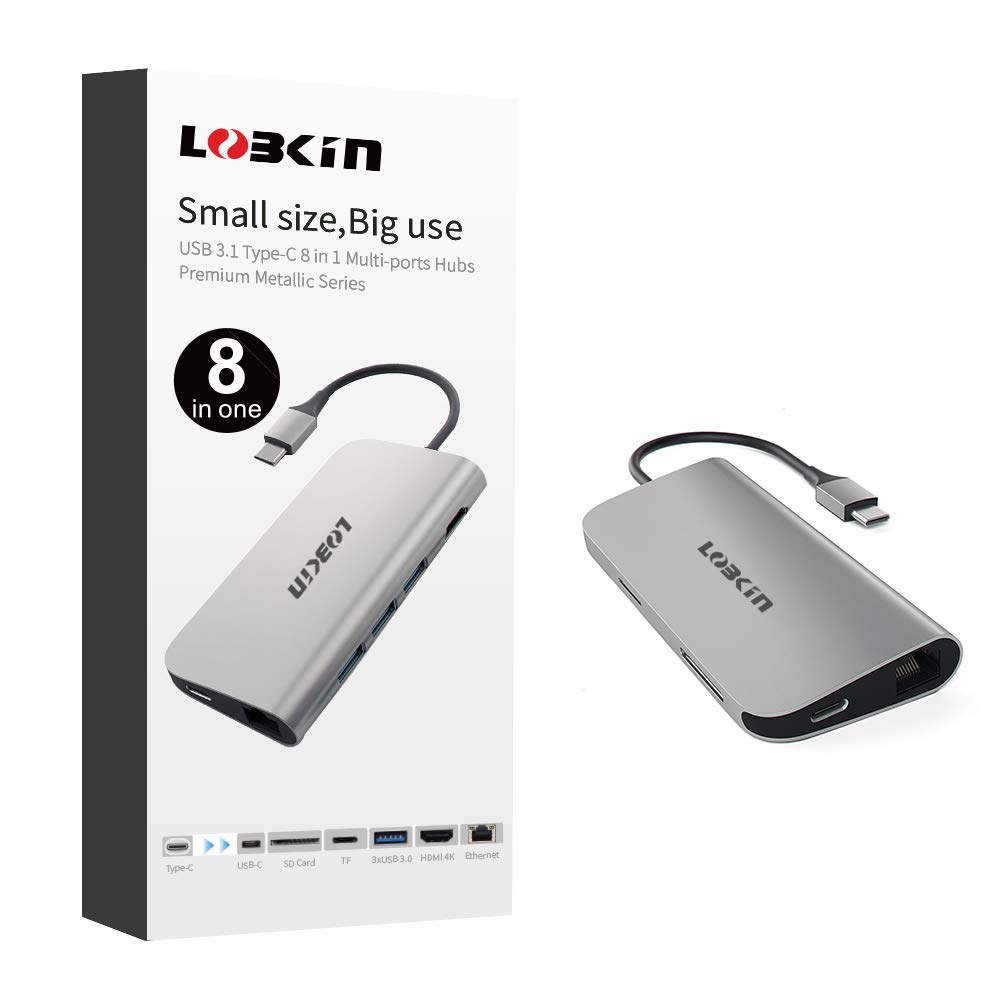 LOBKIN Hub USB-C 8 en 1 con Carga PD, Fabricado en Aluminio, Puerto ethernet, Salida HDMI 4K, 4 USB 3.0, Ranura SD y Micro SD, Puerto de Carga Tipo C