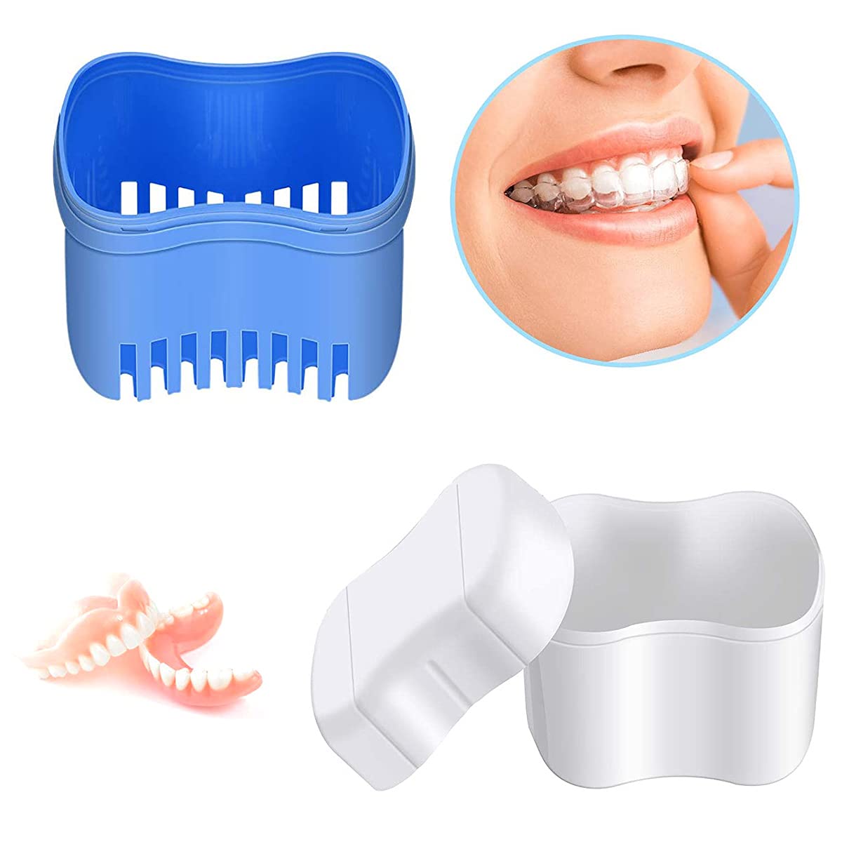 Denture Cleaner Box and Brush Set - 2 Pack Denture Bath Case with Basket + 2 Pack Denture Brush, Portable Denture Retainer Storage Box, Premium Hygiene False Teeth Brushes for Oral Care : Beauty