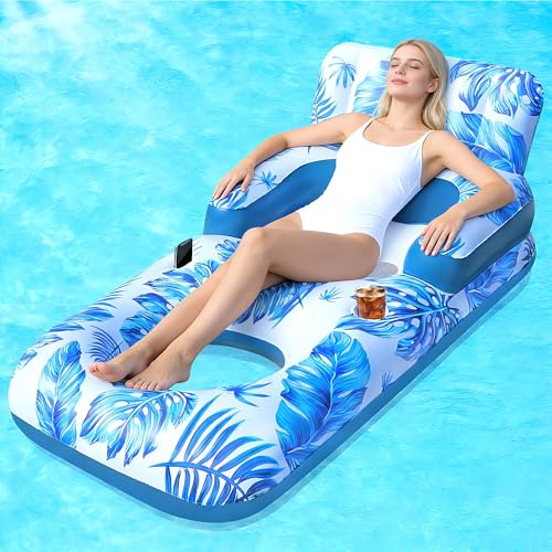 ChlorBlu Adult Inflatable Pool Mattress, Adult Swimming Pool Ring with Pillow and Handles, Drink Holder and Phone Holder, Inflatable Pool Chair for Adults, Tanning Pools