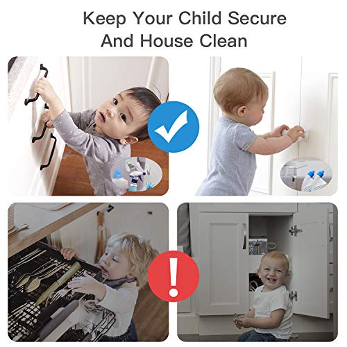 Child Safety Cabinet Locks Latches, Veidoo 10 Pack Baby Proofing Cabinets Drawer Lock with 3M Adhesive or Screws Optional & 2 Pack Door Lever Lock Child Proof (White)