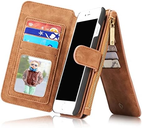 iPhone 7 Case,iSmarTech Genuine Leather iPhone 7 Wallet Case Zipper With Detachable Magnetic Flip Back Cover Case,Zipper Purse With 14 Card Slots and Folio Back Cover With Perfect Retail Package