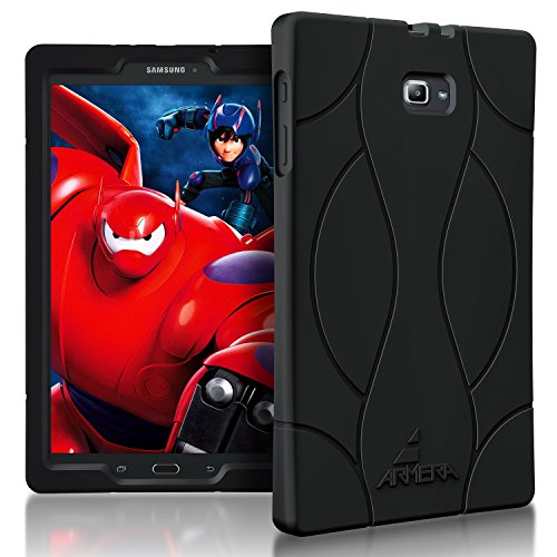 Armera Samsung Galaxy Tab A 10.1 Case (SM-T580), High Impact Resistant Slim Heavy Duty Anti Slip Light Weight Kids Friendly Shockproof Protective Rugged Silicone Cover (Soft Wave - Black)