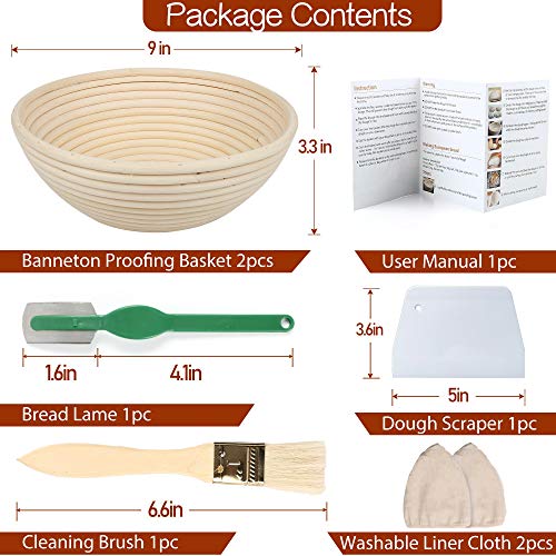LotFancy Banneton Proofing Basket Set of 2, 9 Inch Round Proofing Bowls for Sourdough Bread, Incudes Linen Liner Cloth, Dough Scraper, Bread Lame, Brush, Instructions Book, Non-Stick