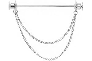 UUDUO Men's Tie Pins Shirt Collar Pin with Double Chains Tassel 18K Gold Silver Black Brass Collar Bar Tie Stick Pin Suit Accessories (Silver Flat Buckle) (UUDO20190910-005)