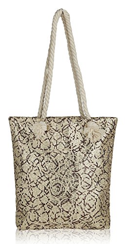 BRC Fashion Large Classic Metallic Beach Bag Tote - Zipper Top, Inner Lining, Large Inside Pocket, Top Rope Handles (Rose Flower Sequin Design - Gold)