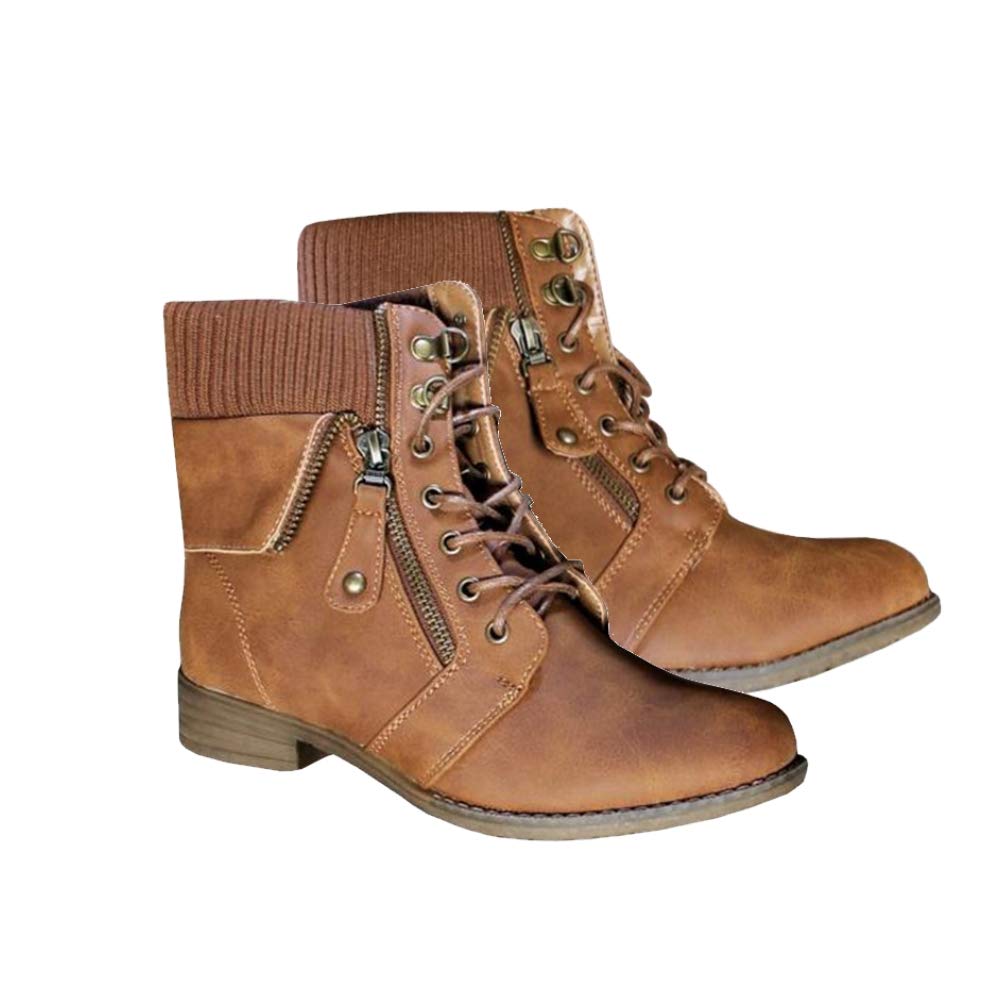 Fashare Womens Military Combat Boots Hiking Side Zip Lace up Short Ankle High Booties Brown