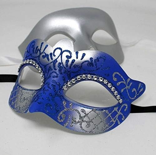 HIS N HERS PAIR OF CO-ORDINATED SILVER & BLUE COUPLES VENETIAN MASQUERADE CARNIVAL PARTY BALL EYE MASKS, Silver Blue, 8cm deep - Image 5