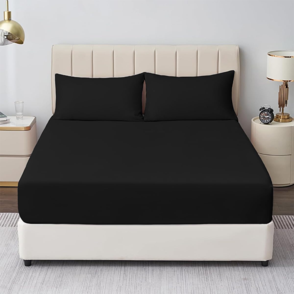 Rohi® King Size Fitted Sheet with Two Pillowcases – 25cm Depth – Pure Polycotton Plain Bedding (King Size Fitted Sheet & Pillowcases, Black)
