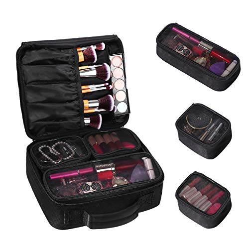 Travel Makeup Case, ETEREAUTY Makeup Cosmetic Bag Organizer Portable Makeup Train Case with Brush Holders and 3 Individual Cases for Cosmetics Makeup Brushes Toiletry Jewelry Digital Accessories
