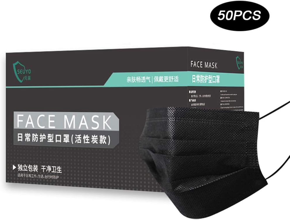 Disposable Face Masks 4 Layer Activated Carbon Filter Breathable Dust Filter Masks Mouth Cover Masks with Elastic Ear Loop, 50 Pack (Black)