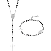 Rosary Beads Catholic Cross Necklace Bracelet: Stainless Steel Pearl Beaded Virgin Mary Medallion Christian Y Necklace Jewelry Gifts for Women Men
