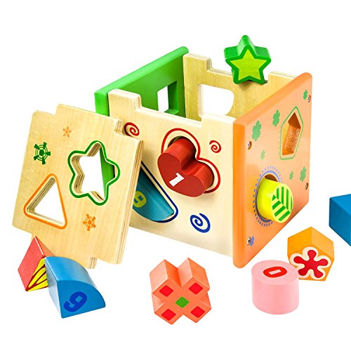 BATTOP Wooden Shape Sorter Skill Development Shape Color Recognition Educational Toy with 10 Blocks for Toddler