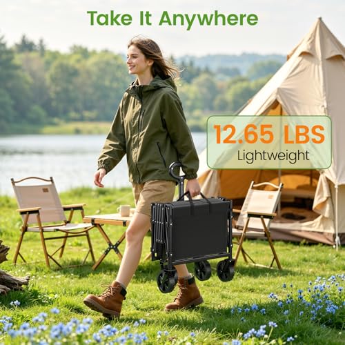 Blomoba 35'' Extra Long Collapsible Wagon with Adjustable Handle, Lightweight Folding Wagon with 360° Swivel Wheels, 220 LBS Portable Utility Cart for Garden, Sports, Grocery, Shopping, Camping, Black