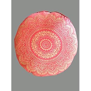 32″ Gold Mandala Barmeri Large Floor Pillow Cover Cushion Meditation Seating Ottoman Throw Cover Hippie Decorative Zipped Bohemian Pouf Ottoman Poufs, Pom Pom Pillow Cases (Red)