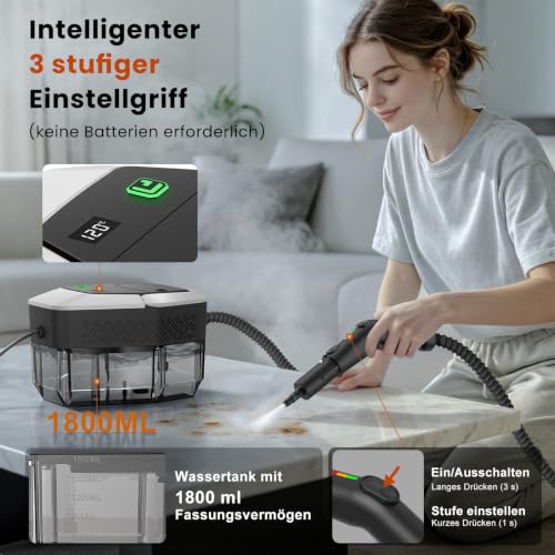GalhanEhe 14 in 1 Household Cleaning Steamer, 3 Levels Adjustable Handle, Temperature Display, 15s in Heating, 1.8L Reservoir, for Kitchen, Bathroom, Car and Furniture (White and Black)