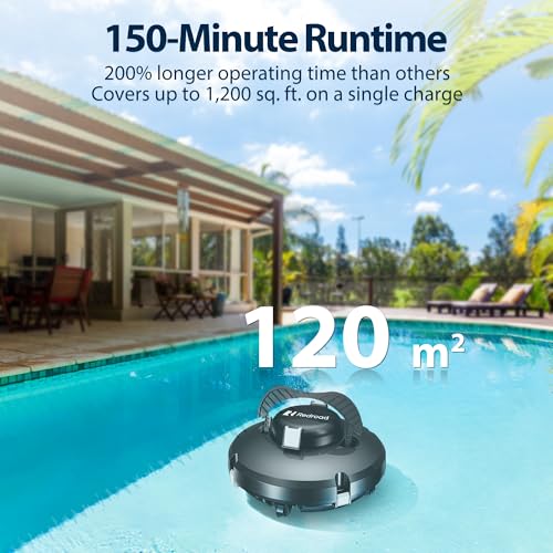 Redroad Cordless Robotic Pool Cleaner,Automatic Pool Vacuum Lasts 150Mins,Powerful Suction,Self-Parking, Maximum Climbing Angle 18 Degrees,Lightweight for Above/Inground Pools Up to 1200 Sq.Ft.