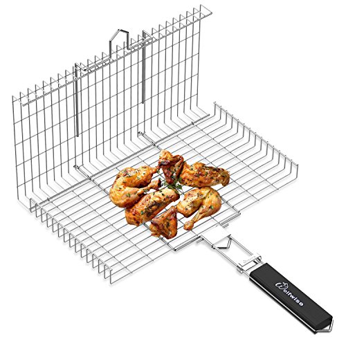 WolfWise Portable Grilling Basket BBQ Barbecue Tool Work for Fish Vegetable Steak Meat Shrimp Chops, Made of Durable 430 Stainless Steel, Large