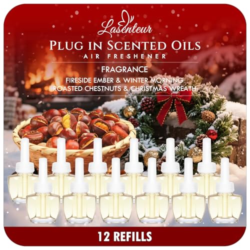 Plug in Air Freshener Refills 12 Pack – Fireside Ember, Winter Morning, Roasted Chestnuts & Christmas Wreath Scents – Adjustable Fragrance for Rooms & Bathrooms – Compatible with Air Wick & Glade