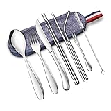 Portable Utensils, Travel Cutlery, 9-Piece Including Knife Fork Spoon Portable Chopsticks Cleaning Brush Reusable Straws Portable Bag, Stainless Steel Flatware Set