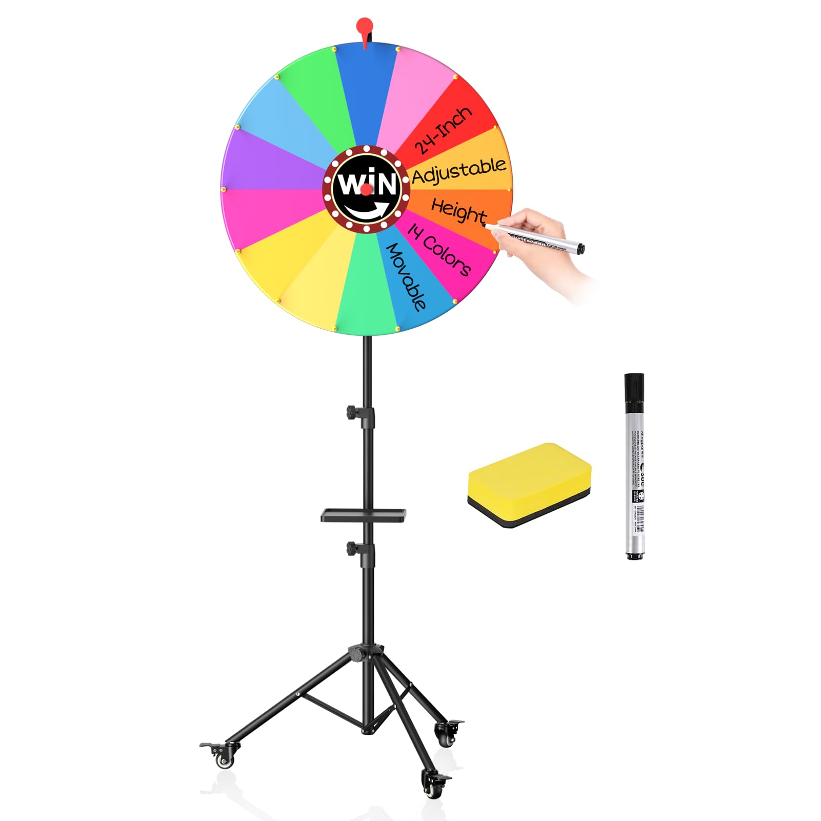 EMART 24 Inch Spinning Prize Wheel,14 Slots Color Detachable Turntable,Fitted with a 34”-60” Adjustable Wheeled Tripod,Lucky Roulette Game Suitable for Parties, Exhibitions, Bars, and Carnivals