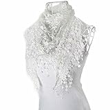 Bolayu Fashion Lace Tassel Sheer Burntout Floral Print Triangle Mantilla Scarf Shawl (White)