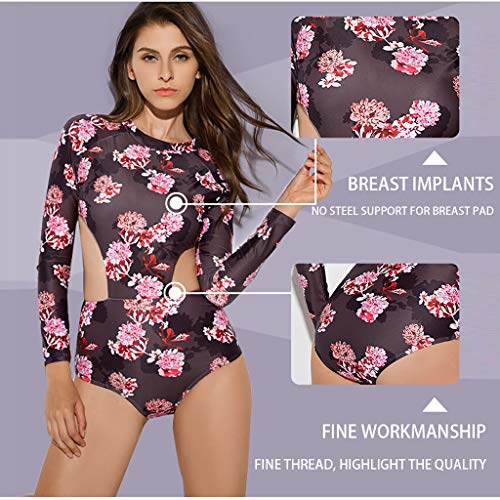 Iusun Women 's One Piece Wetsuit Long Sleeve O Neck Thin Zip Floral Pattern Siamese Swimwear Super Stretch Rash Guard UV Protection - Perfect for Swimming/Scuba Diving/Snorkeling/Surfing/Wading