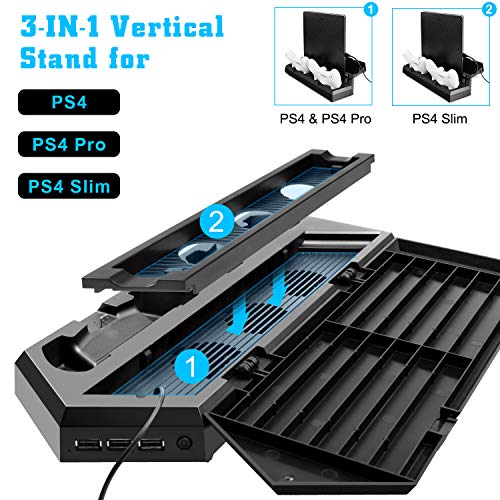 MOCREO Vertical Stand with Cooling Fan for PS4 / PS4 Pro, Dual Controller Charger Station with 12 Game Storage and Dualshock Charger with 3 Extra USB HUB Port