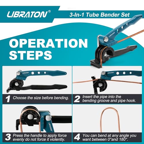 LIBRATON Manual Pipe Bender, Copper Pipe Bender, 180 Degree Pipe Bender, 3 in 1 Pipe Bender for Copper Pipe 1/4" 5/16" 3/8" with Mini Pipe Cutter and Deburrer, for Brass, Aluminium and Thin Steel Tubes