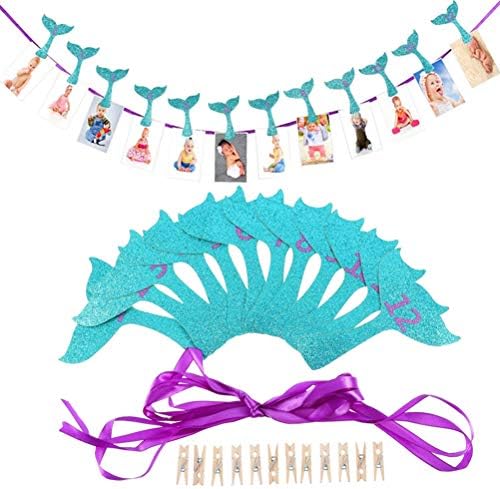 Acewen 1 Set Mermaid 1-12 Month Banner 1st Birthday Photo Banner One Year Bunting Garlands Hanging Ornaments for Baby Shower Kids Birthday Party Supplies Mermaid Party Decoration