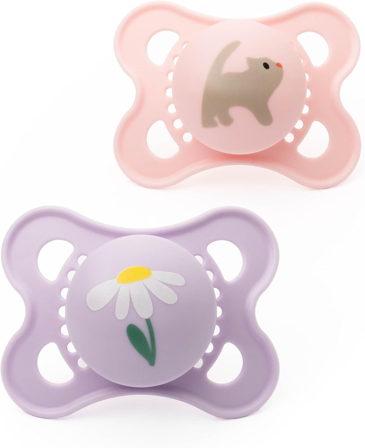 MAM Original Soothers | 0-6 Months | 2 Pack | Comes in Dummy Steriliser Case | Sustainable Materials | Baby Accessories for Newborn | Pink/Purple (Various Designs)