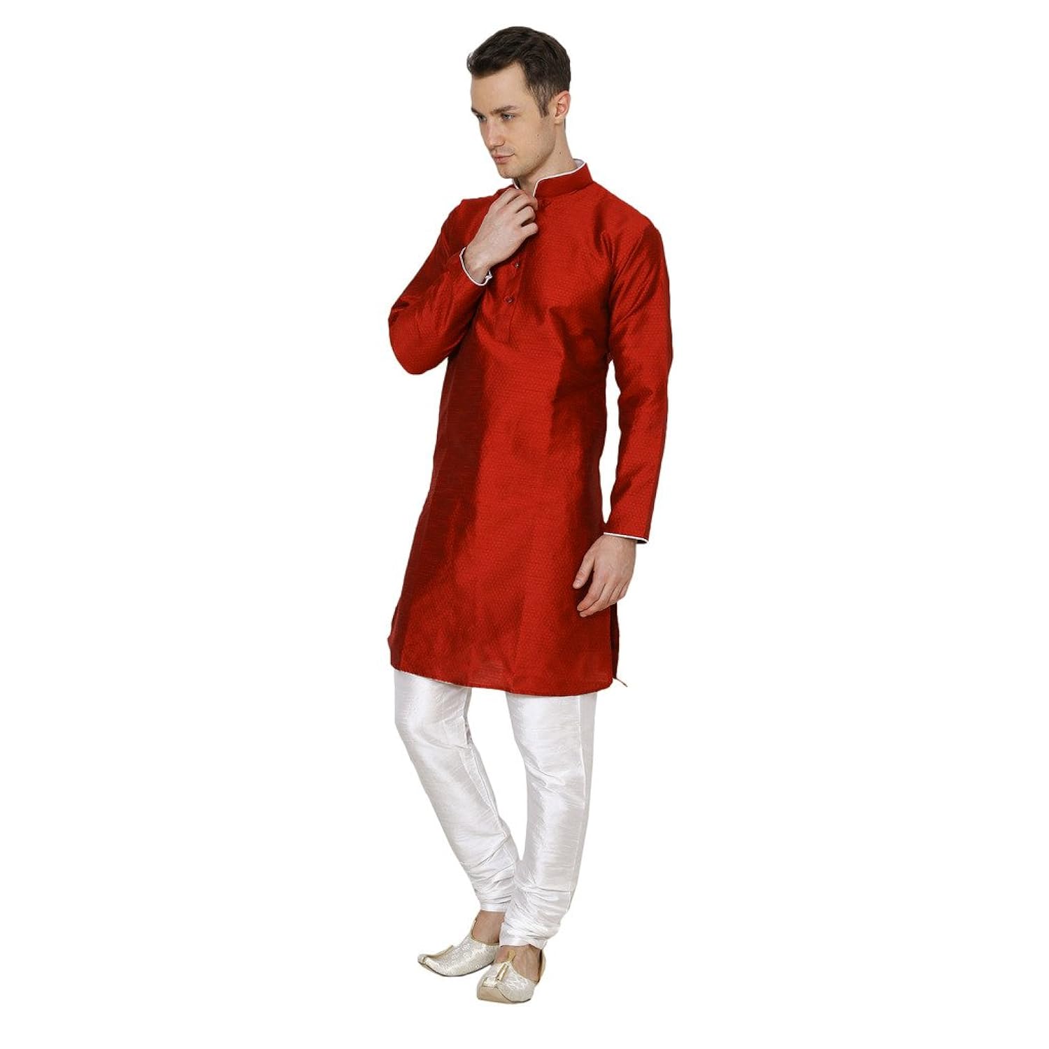 royal kurta men's self jacquard silk contrast piping kurta churidar