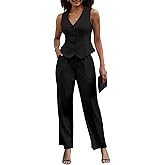Women's 2 Piece Outfits Elegant Blazer Vest Pockets Wide Leg Pant Suit Casual Matching Set