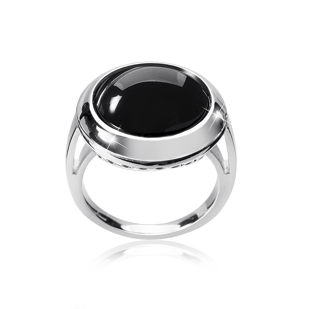 Materia #SR-153 Women's Ring Onyx Gemstone 925 Silver Black Round Rhodium Plated in Jewellery Box black