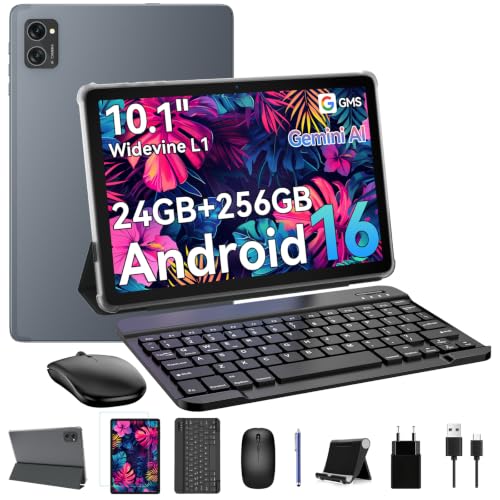 KINGRID T20 Tablet 10 inch Android 16, Tablet with Keyboard, 24GB RAM+256GB ROM (2TB Expandable), Octa-Core Gaming, 5000mAh, Widevine L1 1080P Screen, 2-in-1 Tablet Computer for Work/Kids/School- GRAY