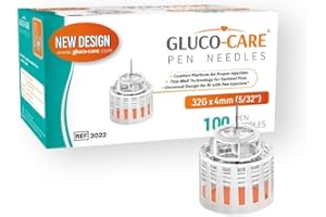 GLUCO-CARE Pen Tips 32G x 5/32’’ (4mm), Universal Fit, Optimal Skin-Contact Base for Comfort, Sterile, 100/bx
