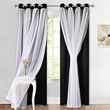 PONY DANCE Decorative Window Curtains - Layered Blackout Drapery White Crushed Sheers Light Blocking Panels Set for Living Room, 52 W x 84 L, Black, Set of 2