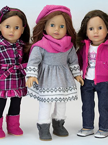 Doll Clothes 4 Pc. Outfit fit for 18 Inch American Girl Dolls & More! Grey Fair Isle Style Doll Sweater Dress, Leggings, Scarf & Doll Pink Hat